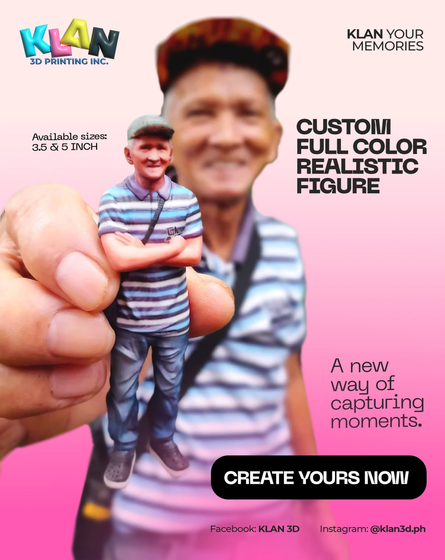 A hand holding a realistic full-color 3D printed figurine of a smiling man