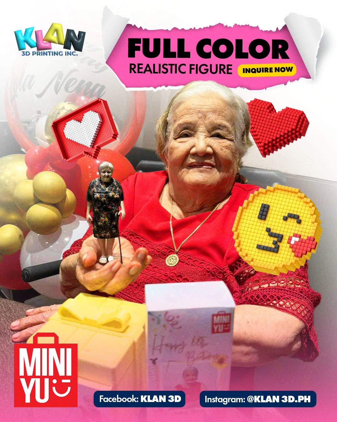 Lola Nena holding her full-color 3D printed figurine on her birthday